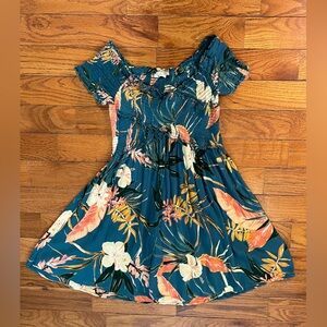 Patrons Of Peace Off Shoulder Dress Dark Teal Tropical Floral Women’s Medium